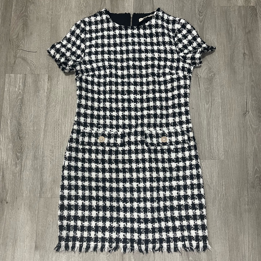 Chic Black and White Tweed Houndstooth Checkered Dress